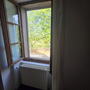 A room with a window, a radiator, and a view of trees.