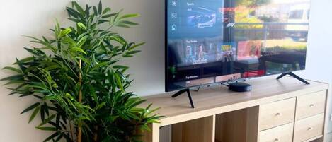 Een televisie op een houten standaard, met een bamboe plant ernaast.
