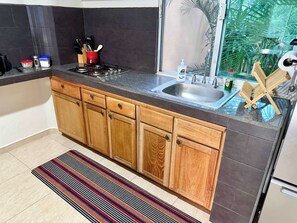 A kitchen with a gas stove, sink, wooden cabinets, and a striped rug. - Rooftop Patio, Marina Views––1 Block to Beach (La Cruz de Huanacaxtle)