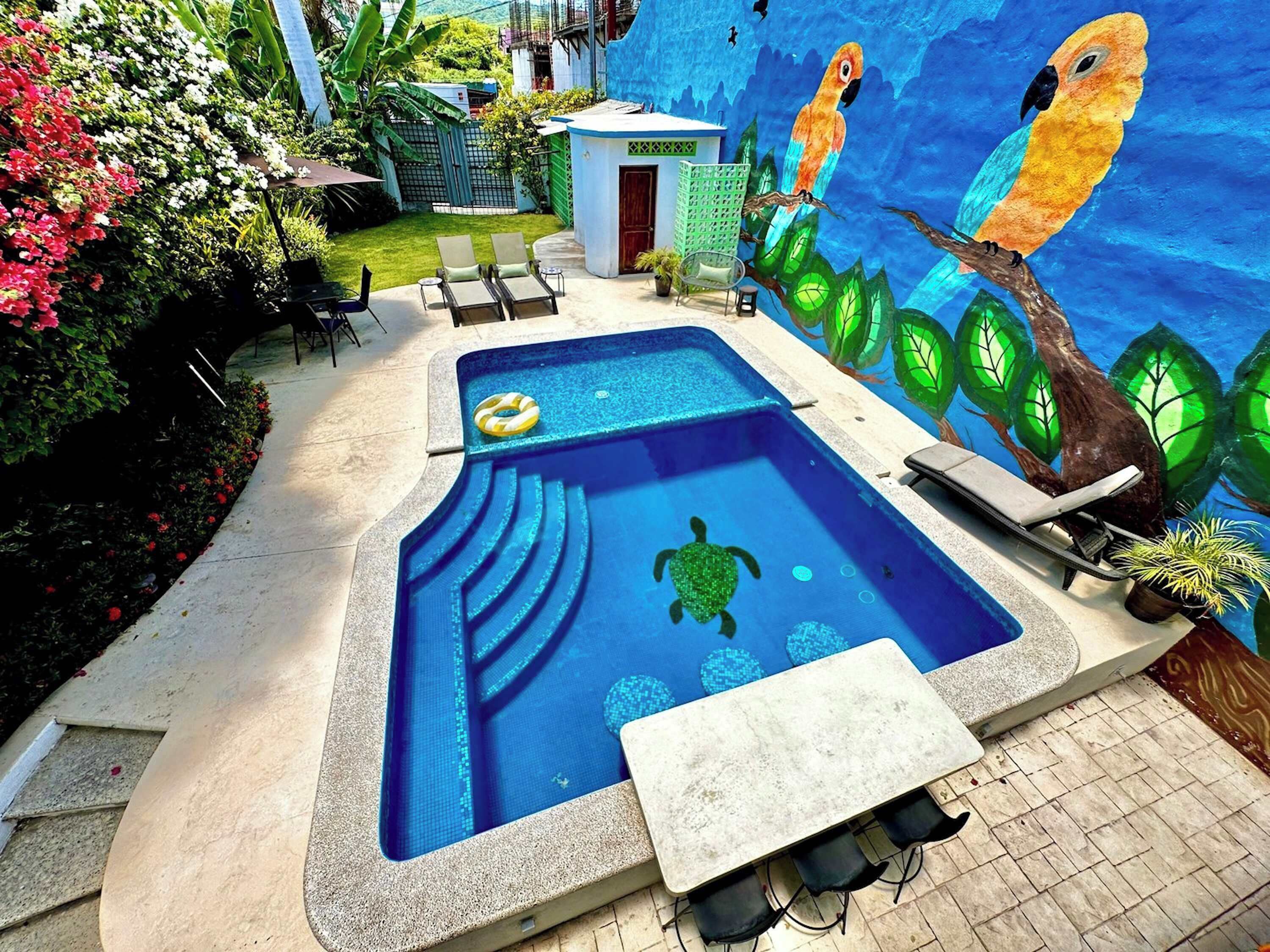 A swimming pool with a mural of a parrot and a turtle, surrounded by lounge chairs and a small building.
