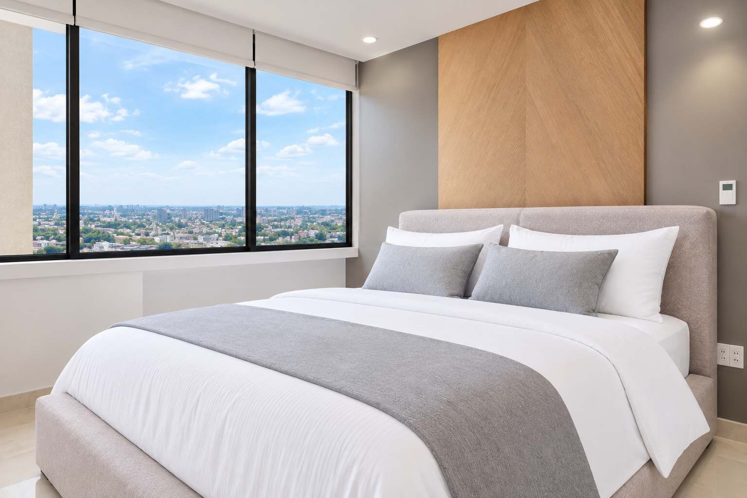Une chambre moderne avec un grand lit, une vue sur le paysage urbain par la fenêtre et un mur d’accent en bois.