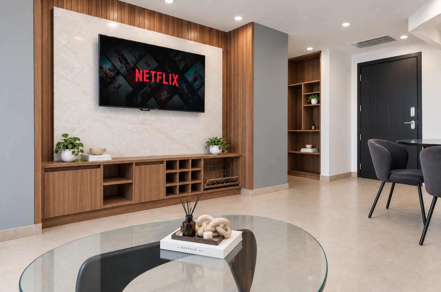 Ein modernes Wohnzimmer mit einem an einer Holzwand befestigten Flachbildfernseher, einem Glastisch und einer Sitzecke mit Sesseln.