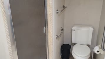 Shower, jetted bath, towels, soap