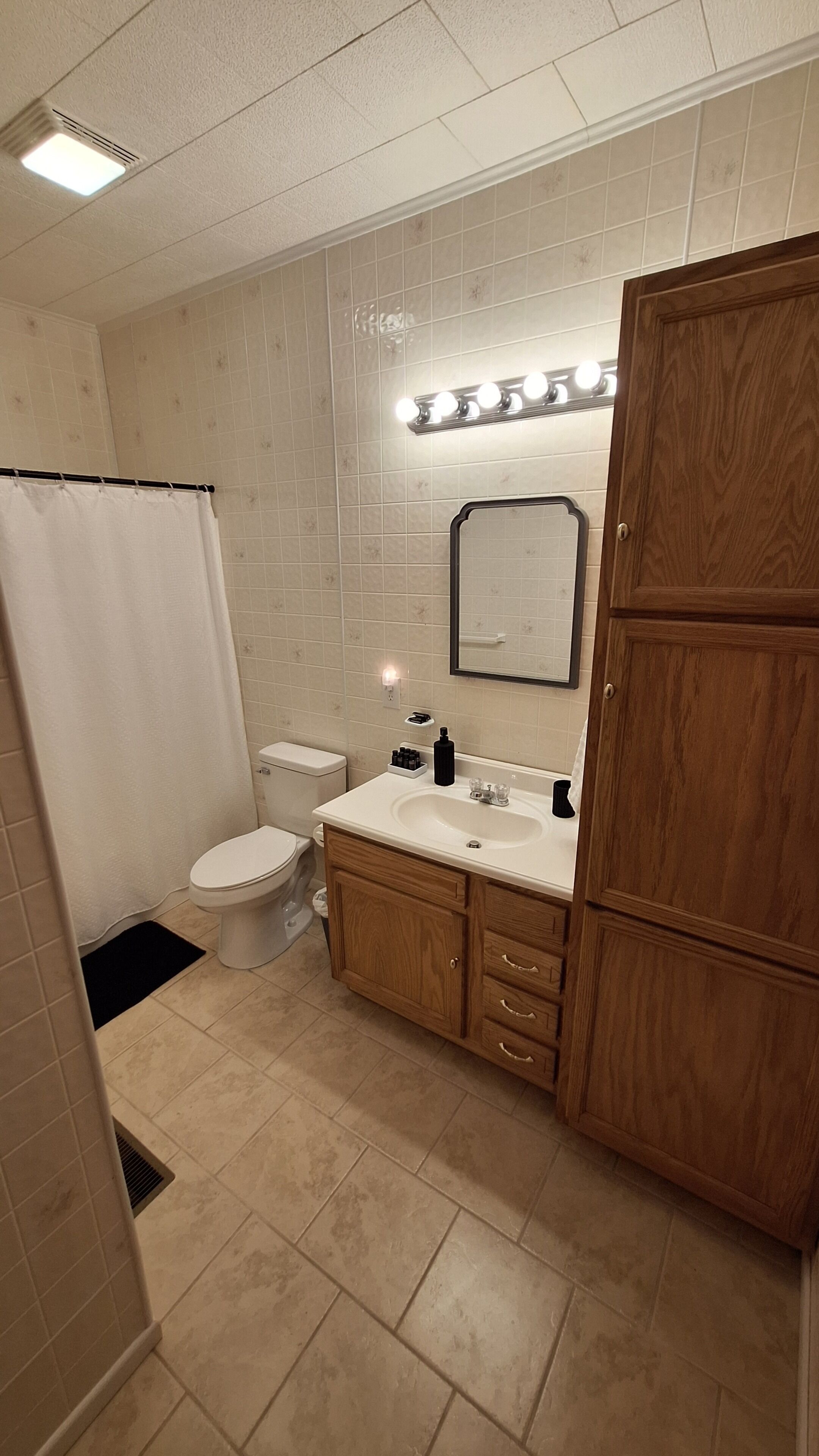 Hair dryer, towels, soap, shampoo