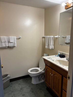 A bathroom with a toilet, sink, and two towel racks. - Cozy 1-bedroom hotel room, Hamilton - #351 Oneida (Hamilton)