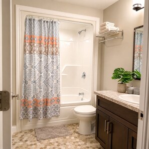 Une salle de bain avec douche, toilettes et lavabo.
