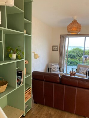 A living room with a green bookshelf, leather sofa, and a view of the outdoors. - Peaceful cottage overlooking the Rade de Brest, Crozon peninsula Brittany (Roscanvel)