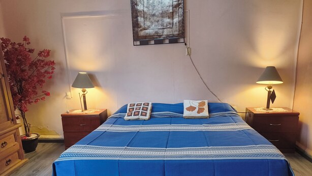 A neatly made bed with a blue bedspread, two bedside lamps, a nightstand with a lamp, a wall-mounted picture, and a potted plant. - Oaxaca Loft (Oaxaca de Juárez)
