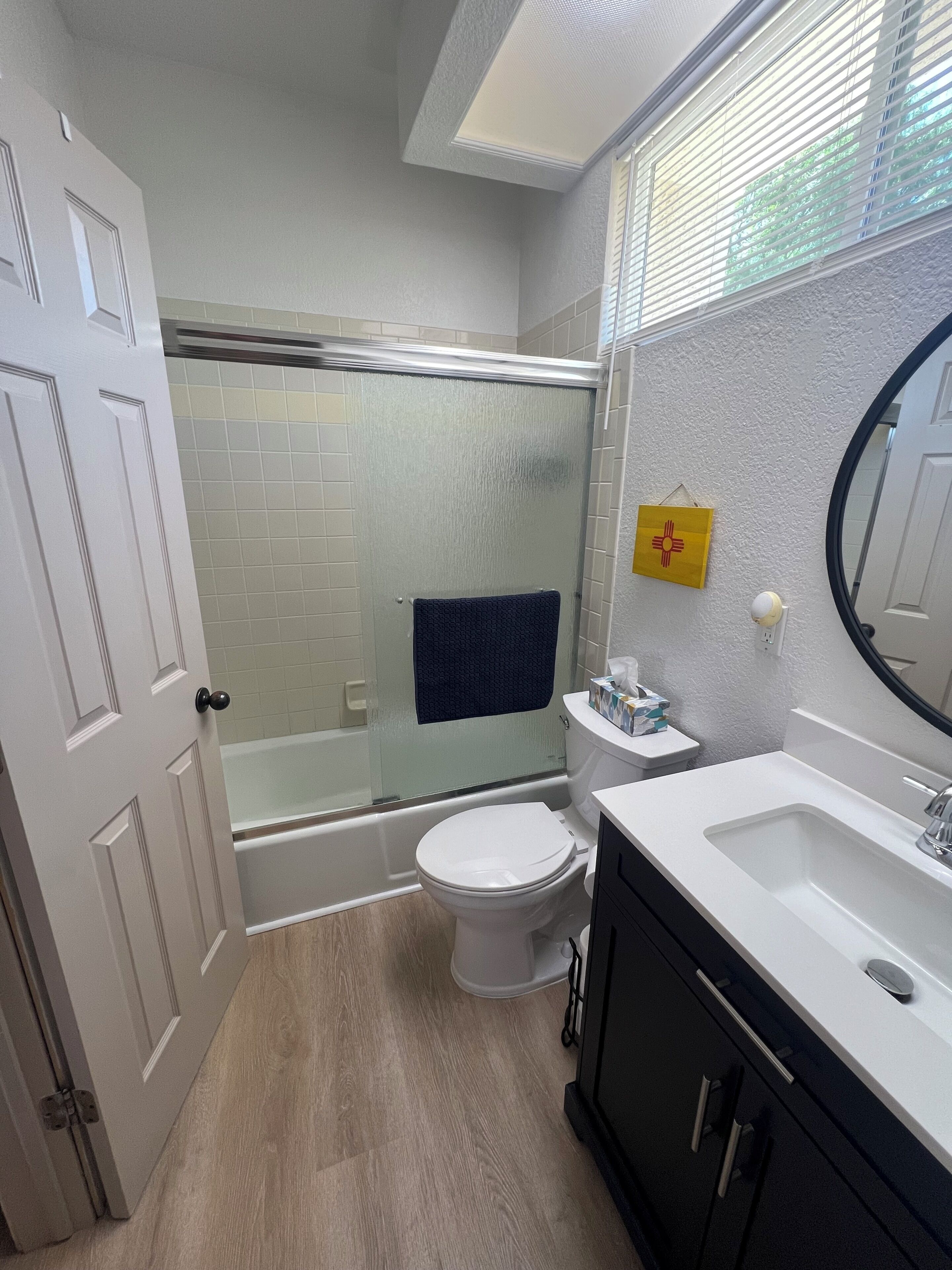 Hair dryer, towels, soap, toilet paper