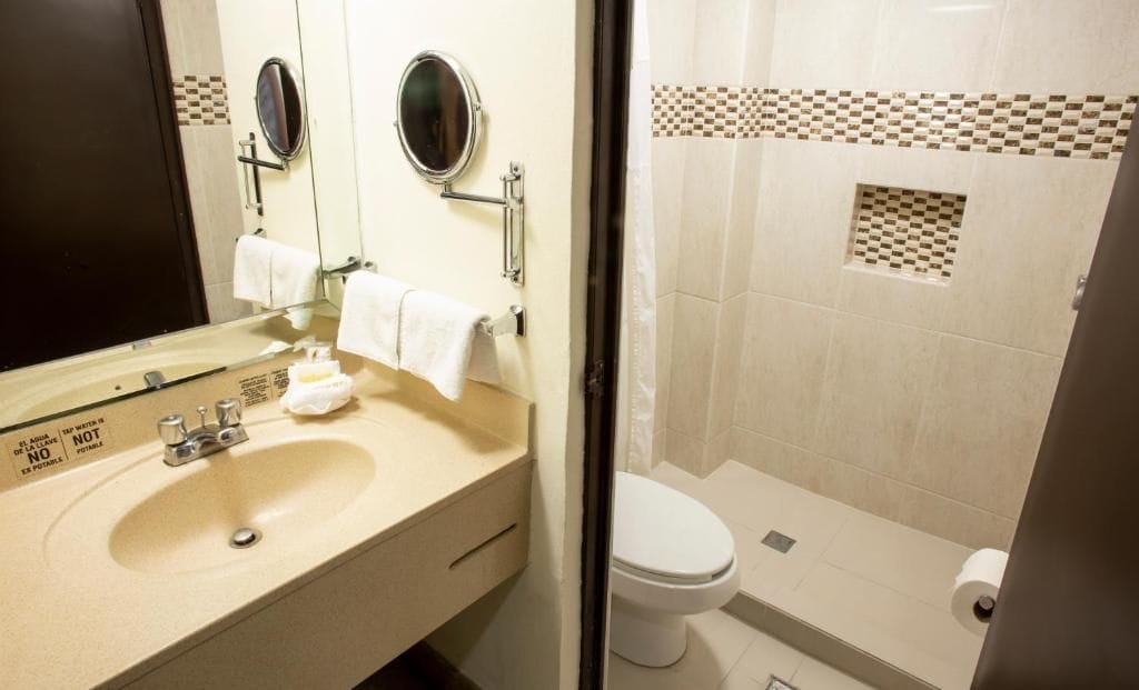 Un baño con lavamanos, espejo e inodoro.
