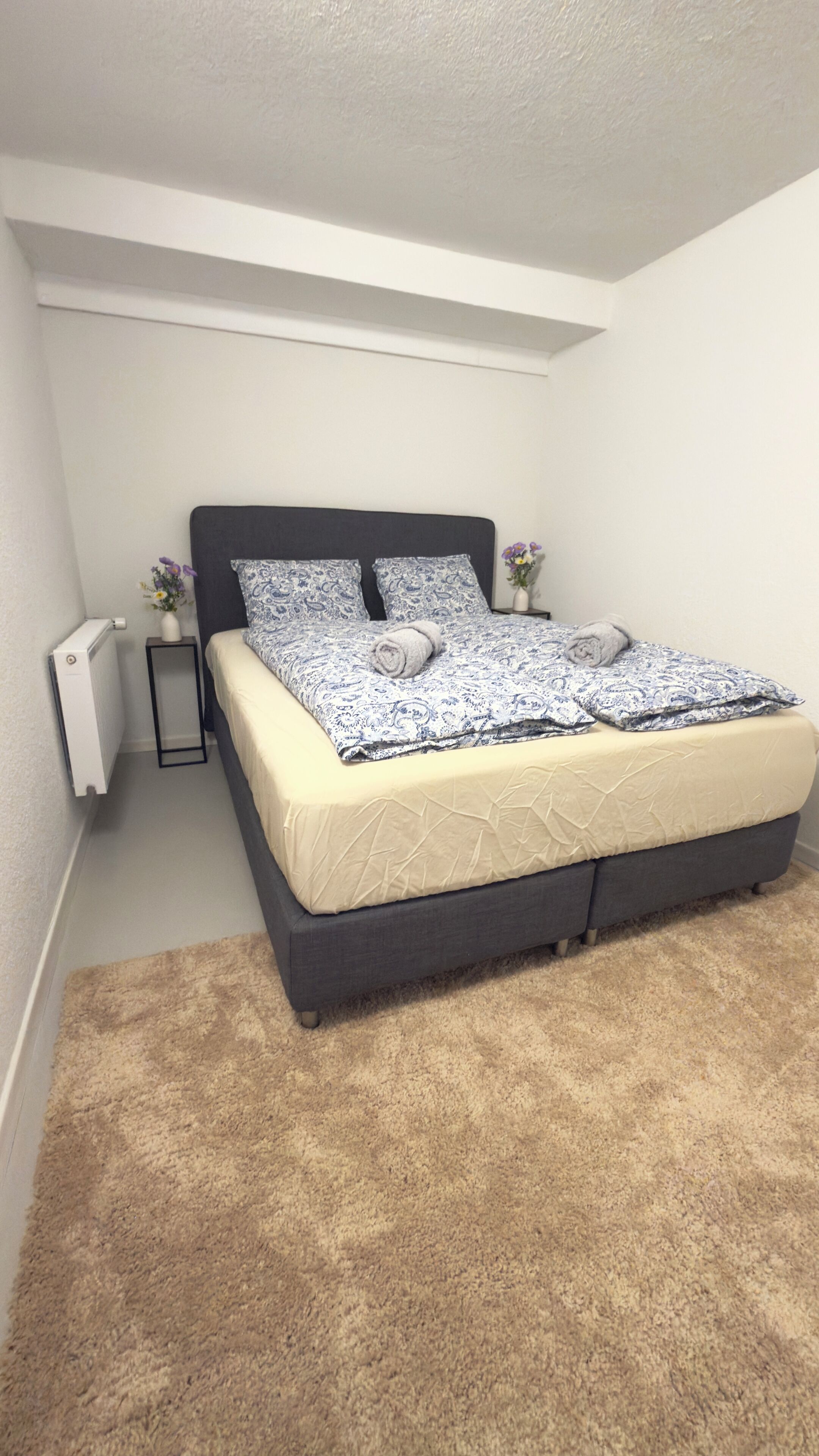 Une chambre à coucher avec un lit, une table de chevet, un radiateur et un tapis.