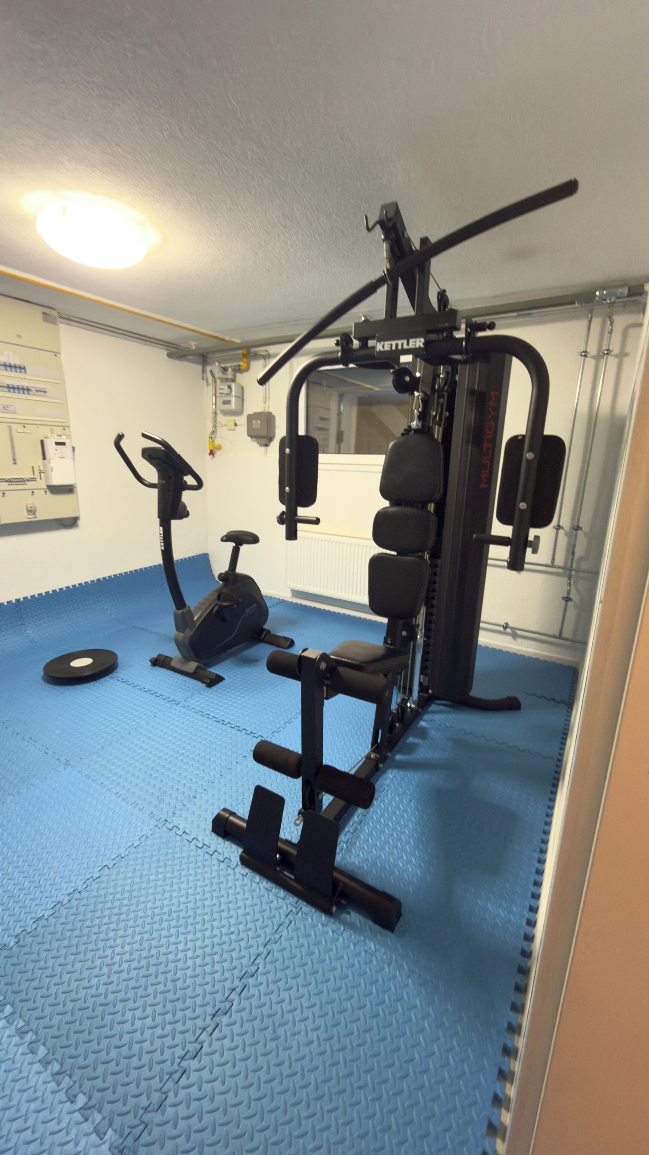 Ein Fitnessraum mit Trainingsgeräten, einem blauen Gummiboden und einer wandmontierten Steuerung.