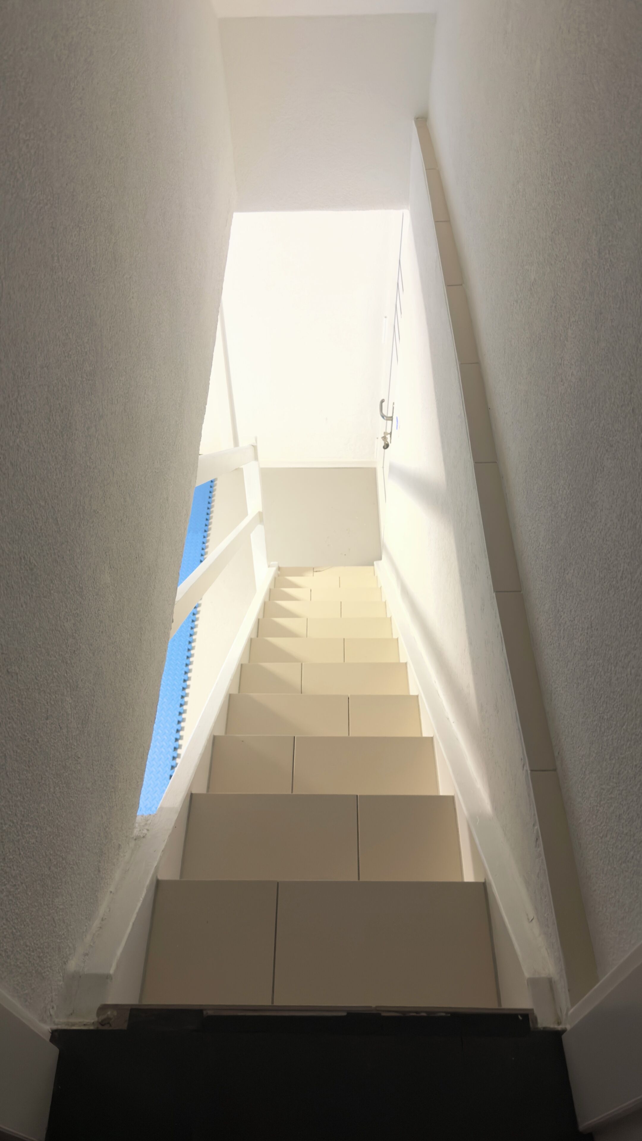 Una escalera con tragaluz que conduce a un piso superior.