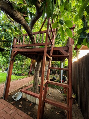Ein Baum mit einer hölzernen Struktur darumherum, möglicherweise ein Spielbereich oder ein Gartenelement.