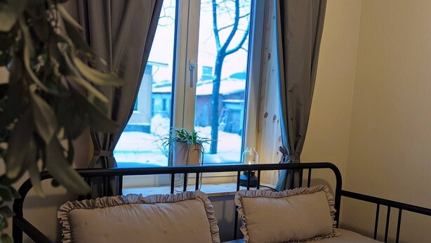 A bed with a headboard, two pillows, a window with curtains, and a potted plant on the windowsill.