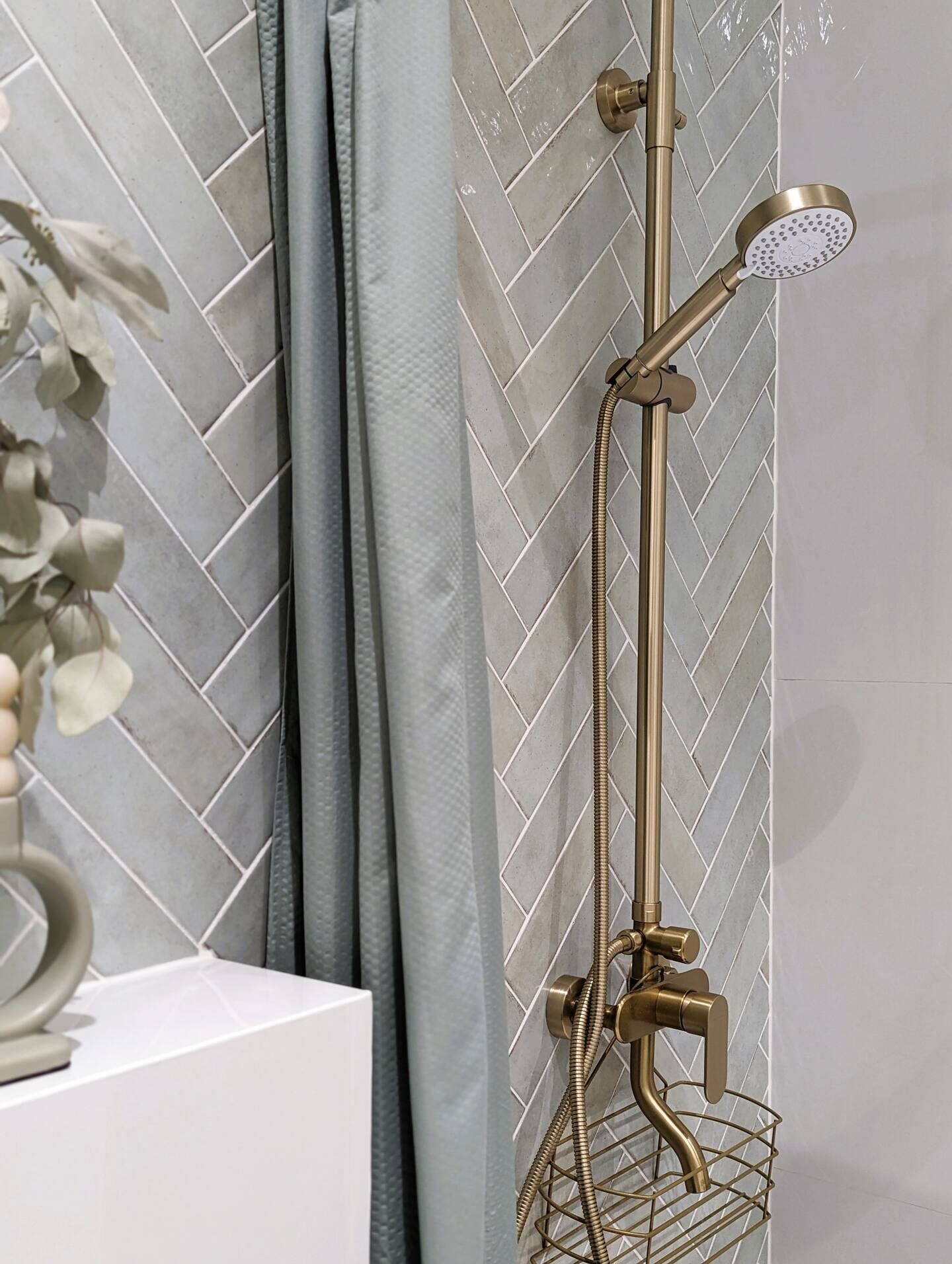 A bathroom with a shower, a towel rack, and a plant.