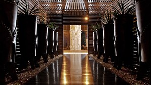 Un couloir doté d’un sol réfléchissant, bordé de hautes colonnes et de plantes en pot, qui mène à un espace intérieur lumineux.