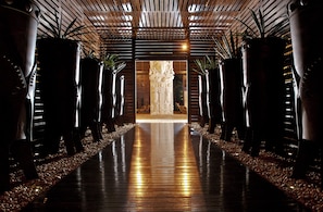A corridor with a reflective floor, flanked by tall columns and potted plants, leading to a bright interior space.