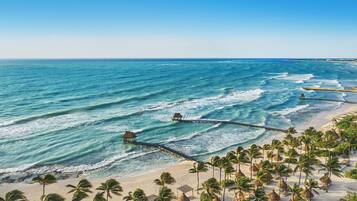 Una playa con palmeras, un muelle de madera y una cabaña con techo de paja.