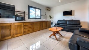 A modern kitchen with a built-in oven, microwave, and a large window. - Vétyvers - Climatisation - Terrasse (Saint-Louis)