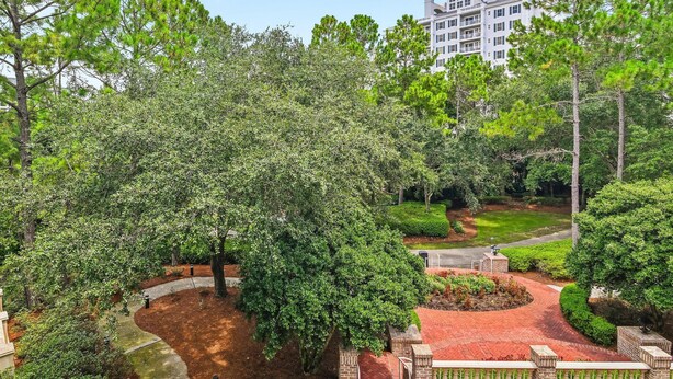 A landscaped garden with a central tree, a brick pathway, and a building in the background. - Lasata 3315 (Miramar Beach)