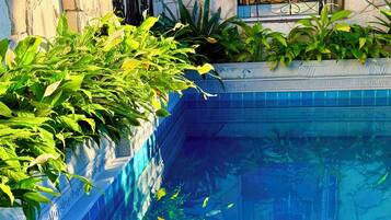 Una piscina con paredes de piedra y portones metálicos decorativos, rodeada de abundante vegetación.