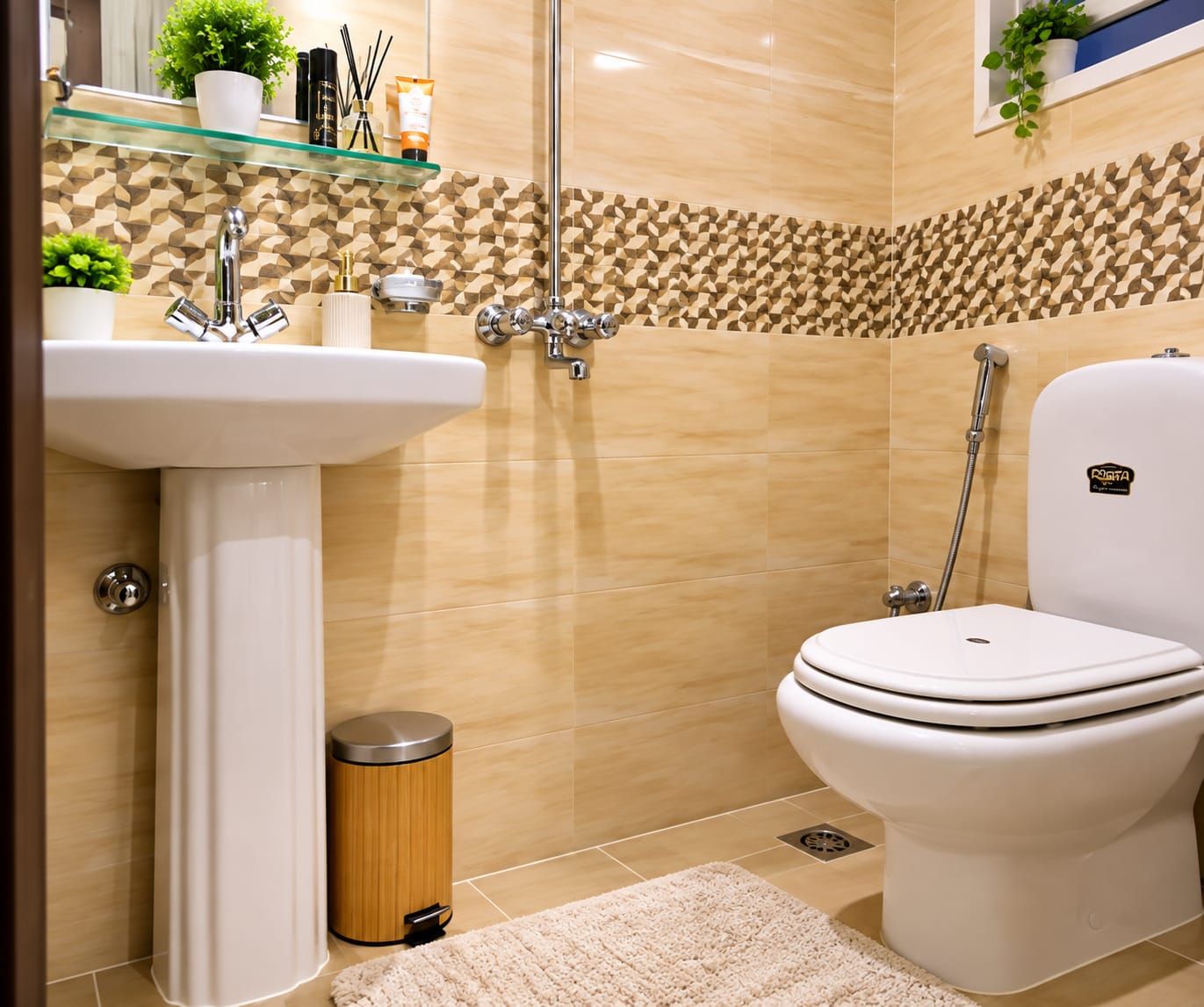 Un baño con lavamanos, inodoro y ducha blancos. Hay plantas en macetas en los estantes y un cubo de basura.