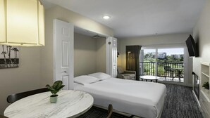 Habitación de hotel con cama, una mesita con una planta, un balcón con mobiliario exterior y un televisor montado en la pared.