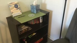 A bookshelf with a tissue box and a framed certificate. - Charming 1-bedroom studio near Venice Beach (Venice)
