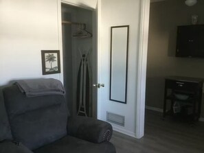 Une pièce avec un canapé de couleur sombre, une porte donnant sur un placard équipé d’un porte-manteau, un grand miroir et un téléviseur posé sur un meuble.