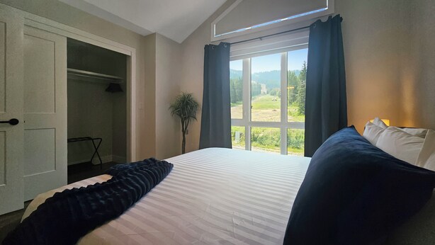 Un dormitorio con cama, ventana con cortinas, una planta y un armario.