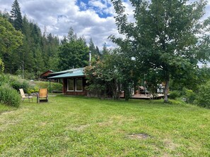 A wooden cabin with a green roof, surrounded by lush greenery and trees.