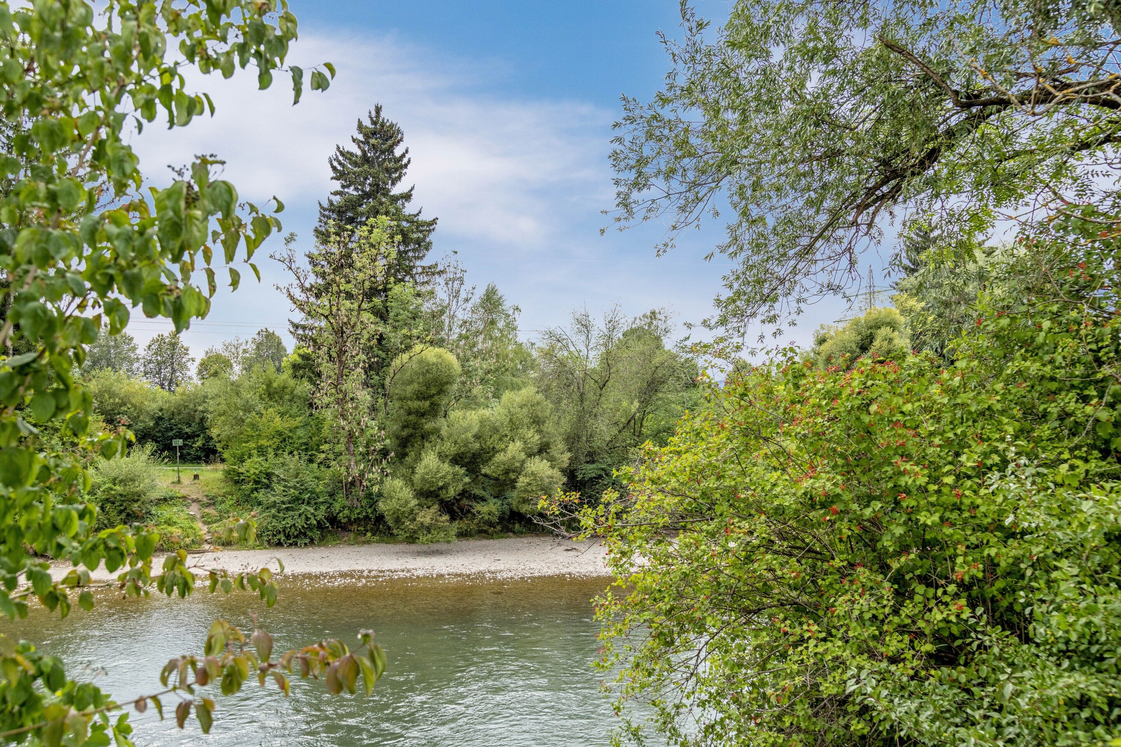 Ein Fluss, gesäumt von dichtem Grün und Bäumen.