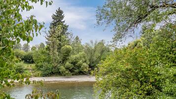 Ein Fluss, gesäumt von dichtem Grün und Bäumen.