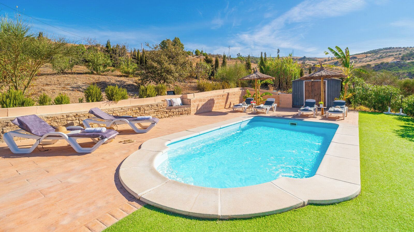 A rectangular swimming pool with a stone border, surrounded by a patio with lounge chairs and a small shed.
