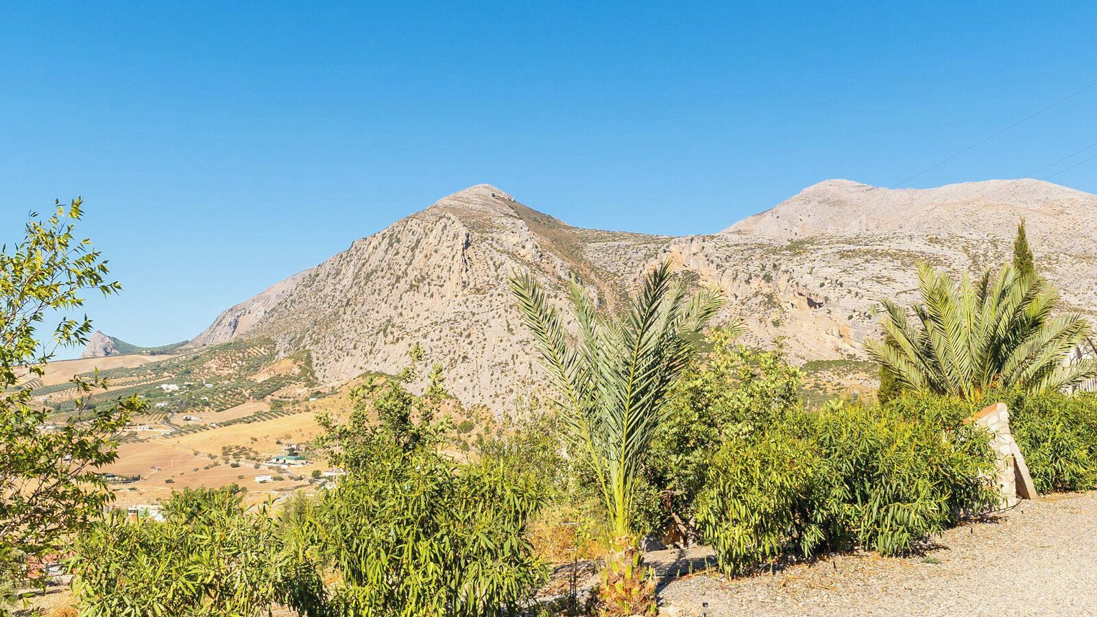 Eine gebirgige Landschaft mit spärlicher Vegetation und blauem Himmel.