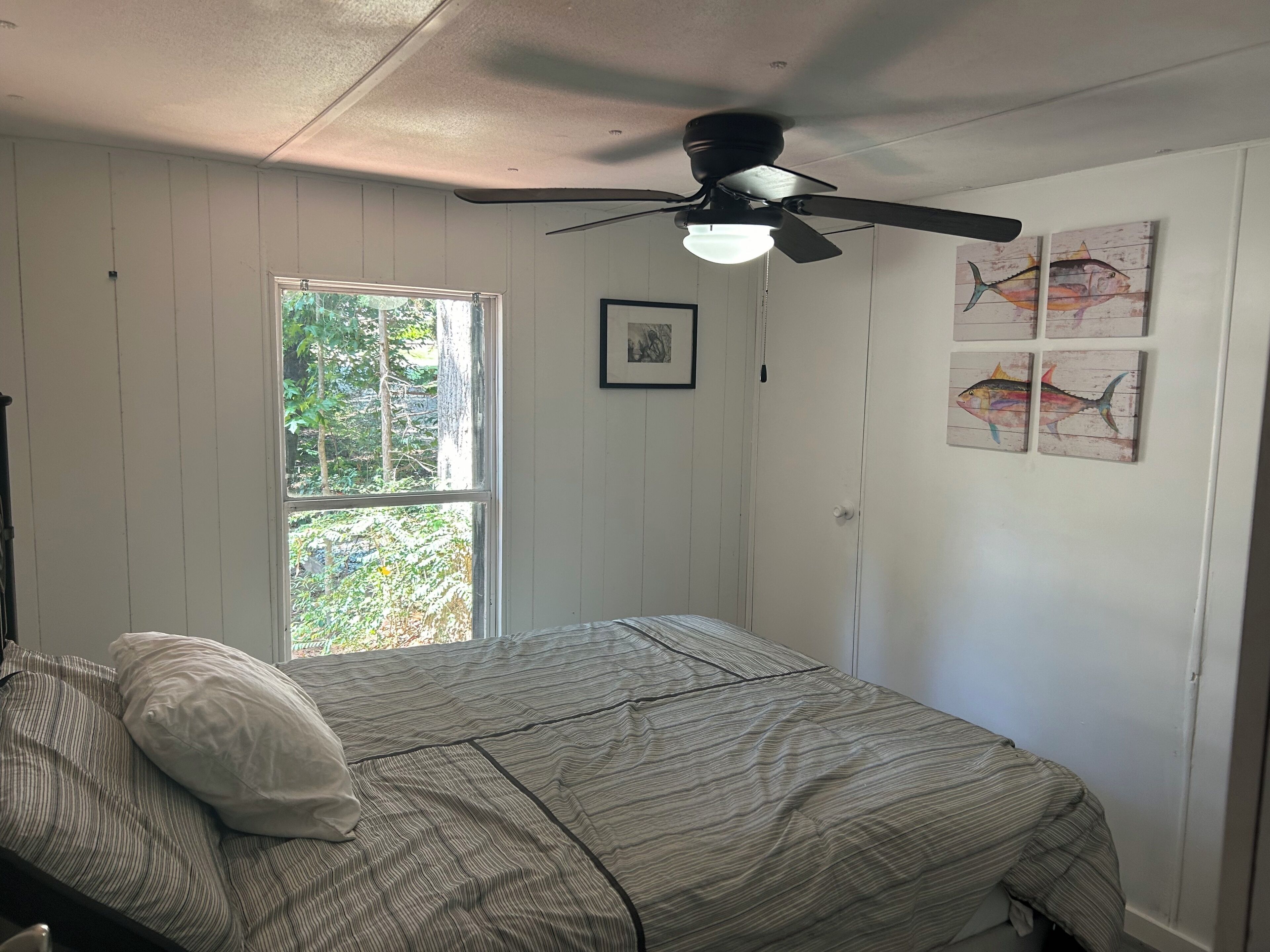 A bedroom with a bed, a ceiling fan, a window, and wall art.
