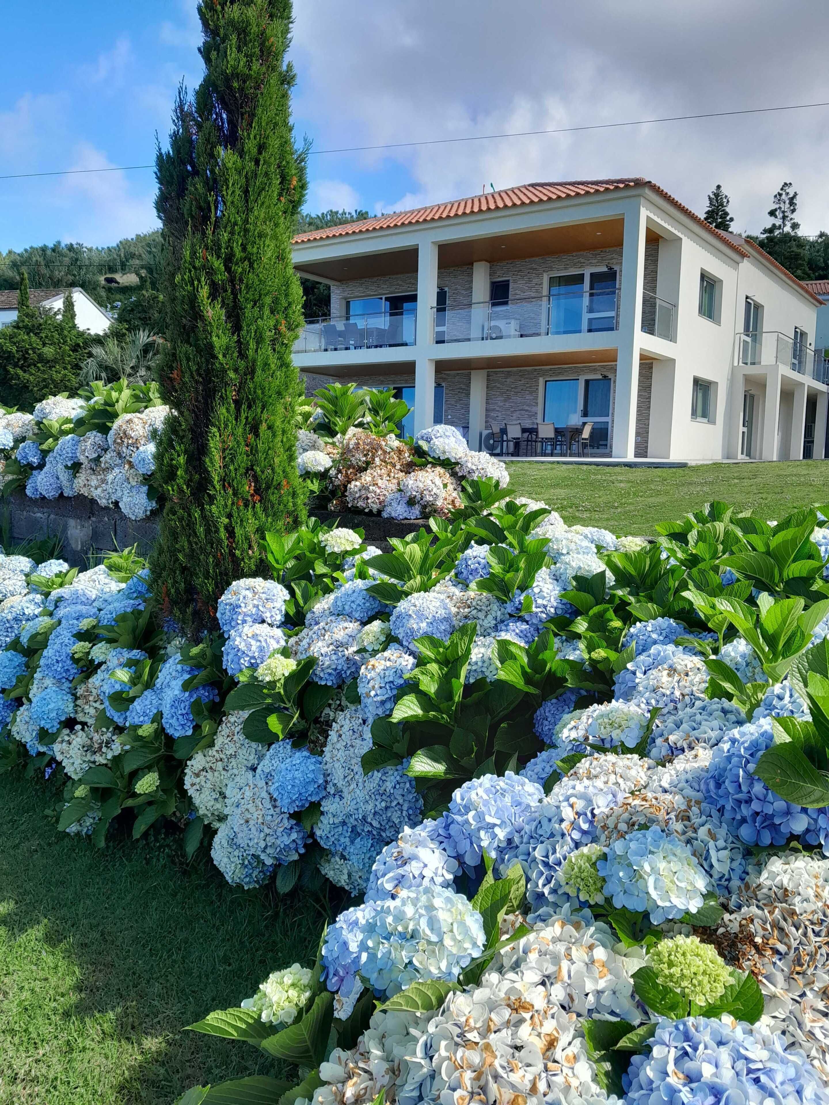 Un edificio de varios pisos con balcones, rodeado de abundante vegetación e hidrangeas.