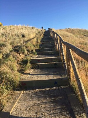 Eine Treppe aus Holz, die in steigenden Stufen einen Hügel hinaufführt, mit einem Holengeländer auf der rechten Seite.