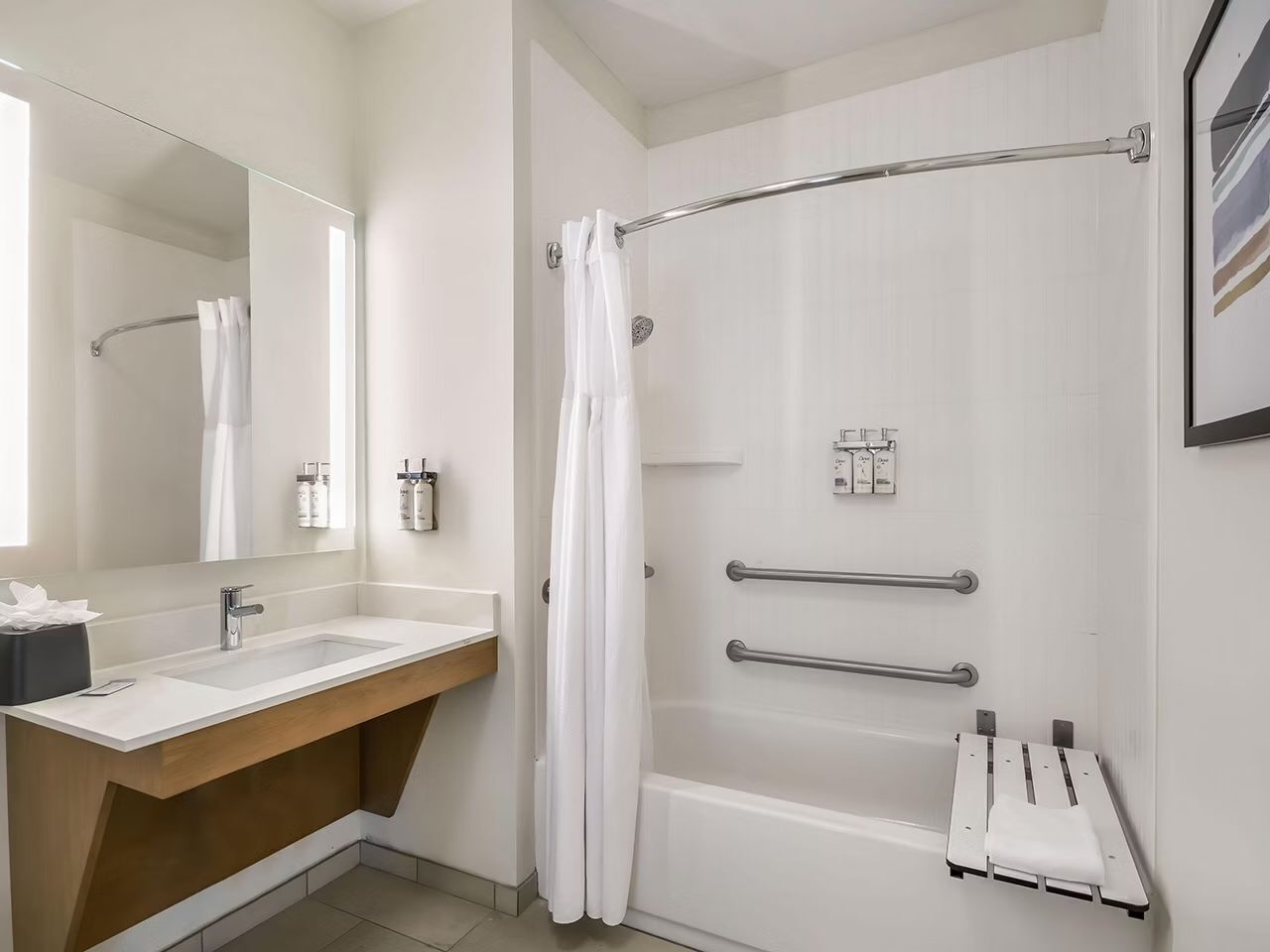 Hair dryer, towels, soap, shampoo