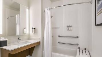 Hair dryer, towels, soap, shampoo