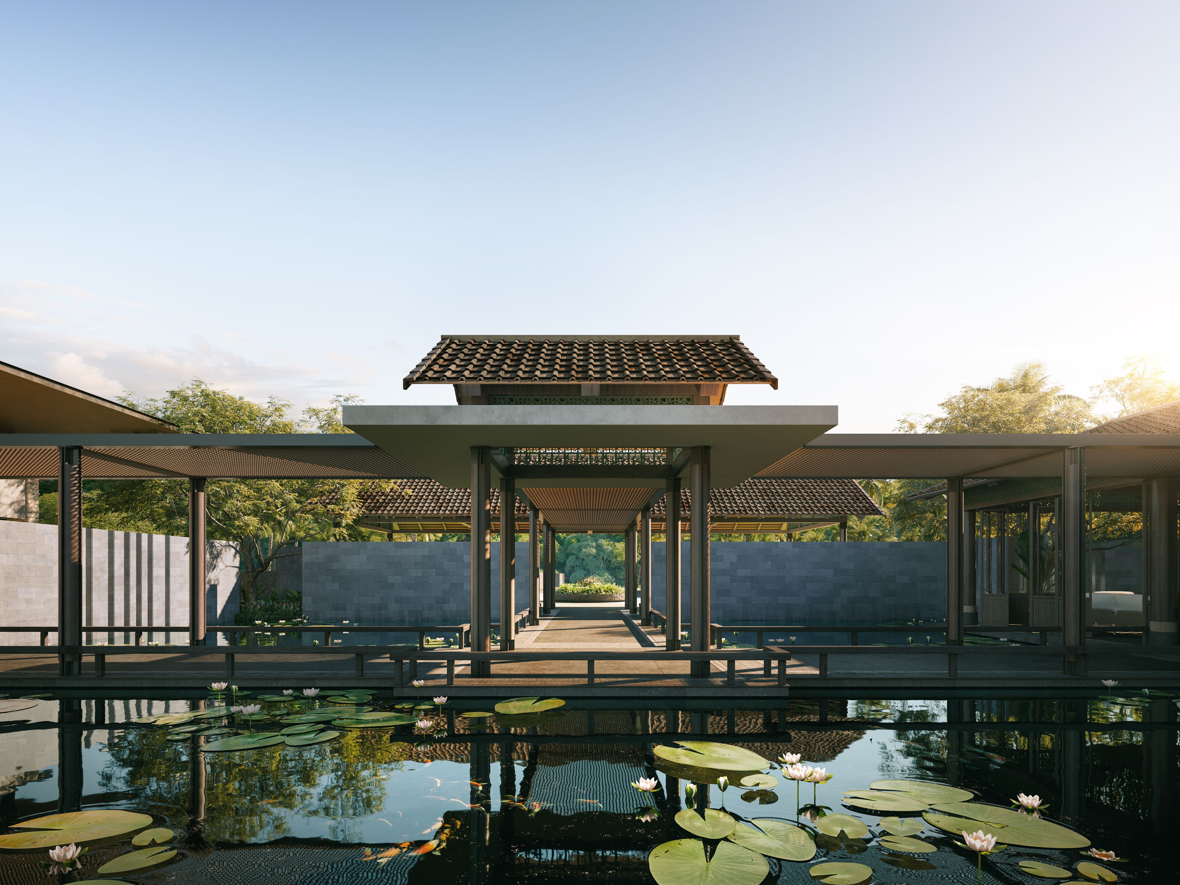 A tranquil outdoor pool area with a pavilion, surrounded by a stone wall and lush greenery.