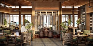 A spacious room with high ceilings, wooden paneling, and large windows offering a view. Furnished with green upholstered chairs, a central table, and various decorative items. - Park Hyatt Phu Quoc (Phu Quoc)