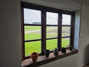 Et vindue med udsigt over et grønt mark og en vej.