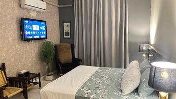 A hotel room with a bed, a television, a chair, a lamp, and a plant.