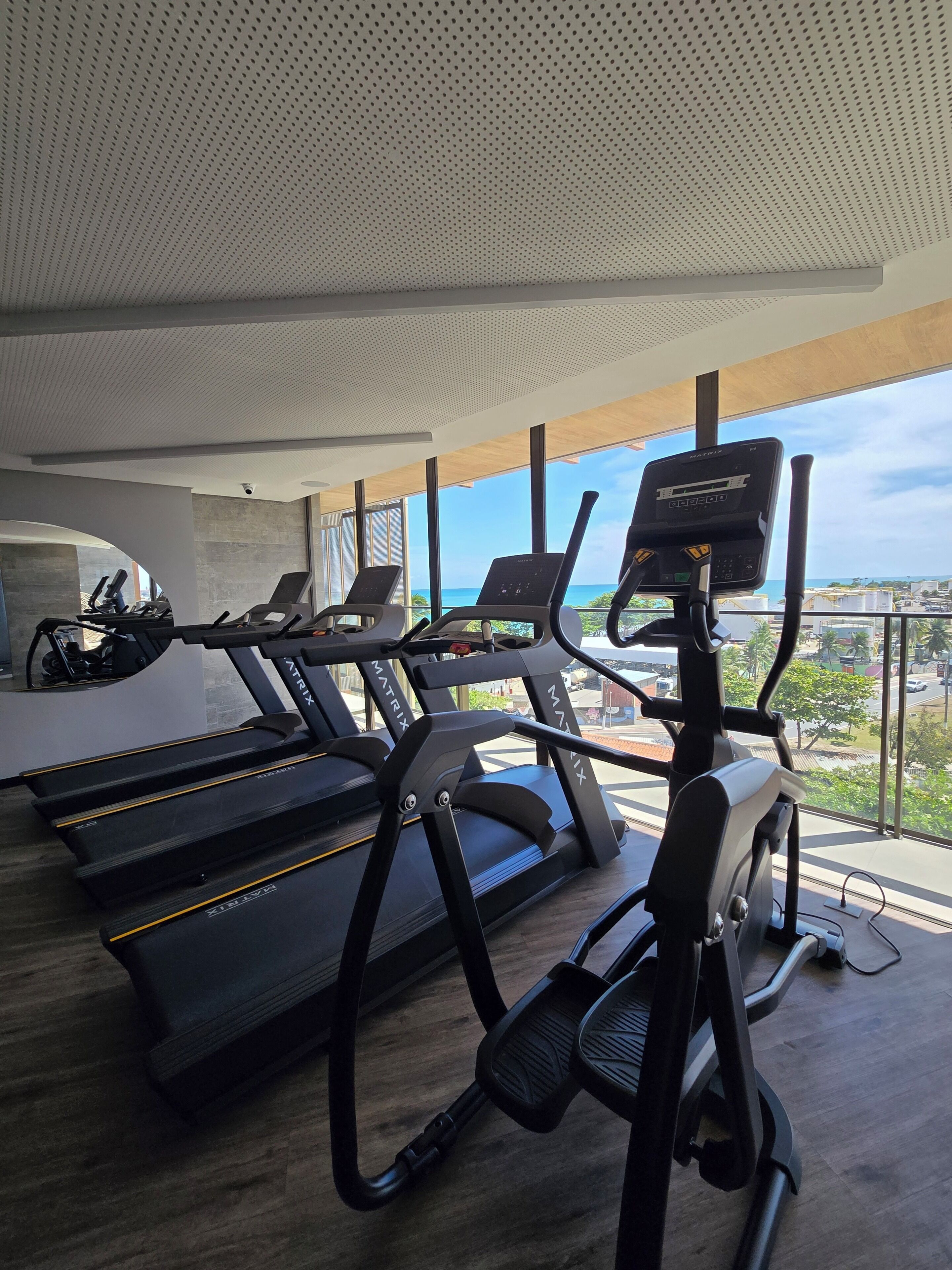 Une salle de sport équipée de tapis de course et d’appareils elliptiques, dotée de grandes fenêtres et offrant une vue sur la ville.