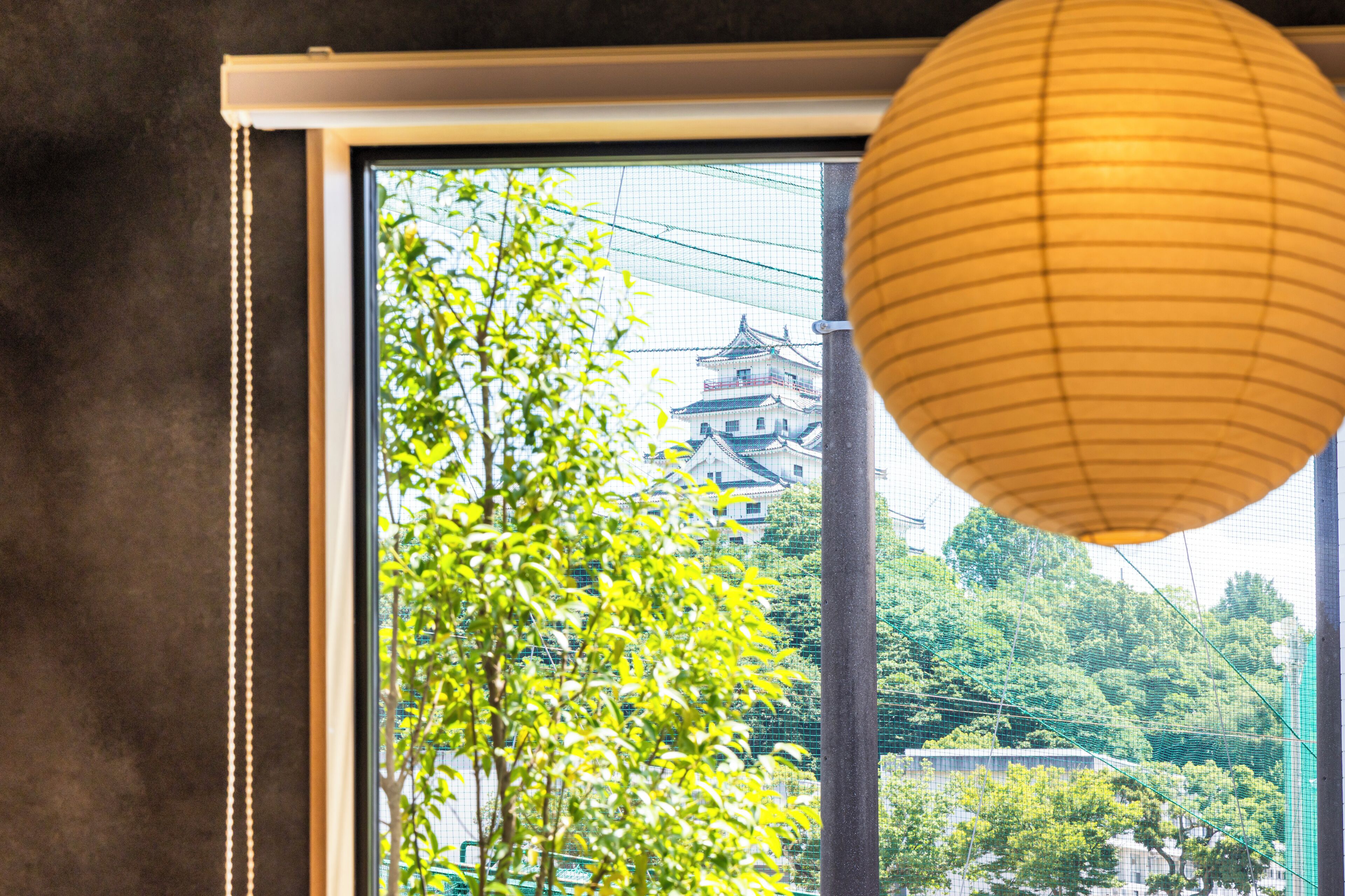 A window with a view of a traditional building and a tree in the foreground.
