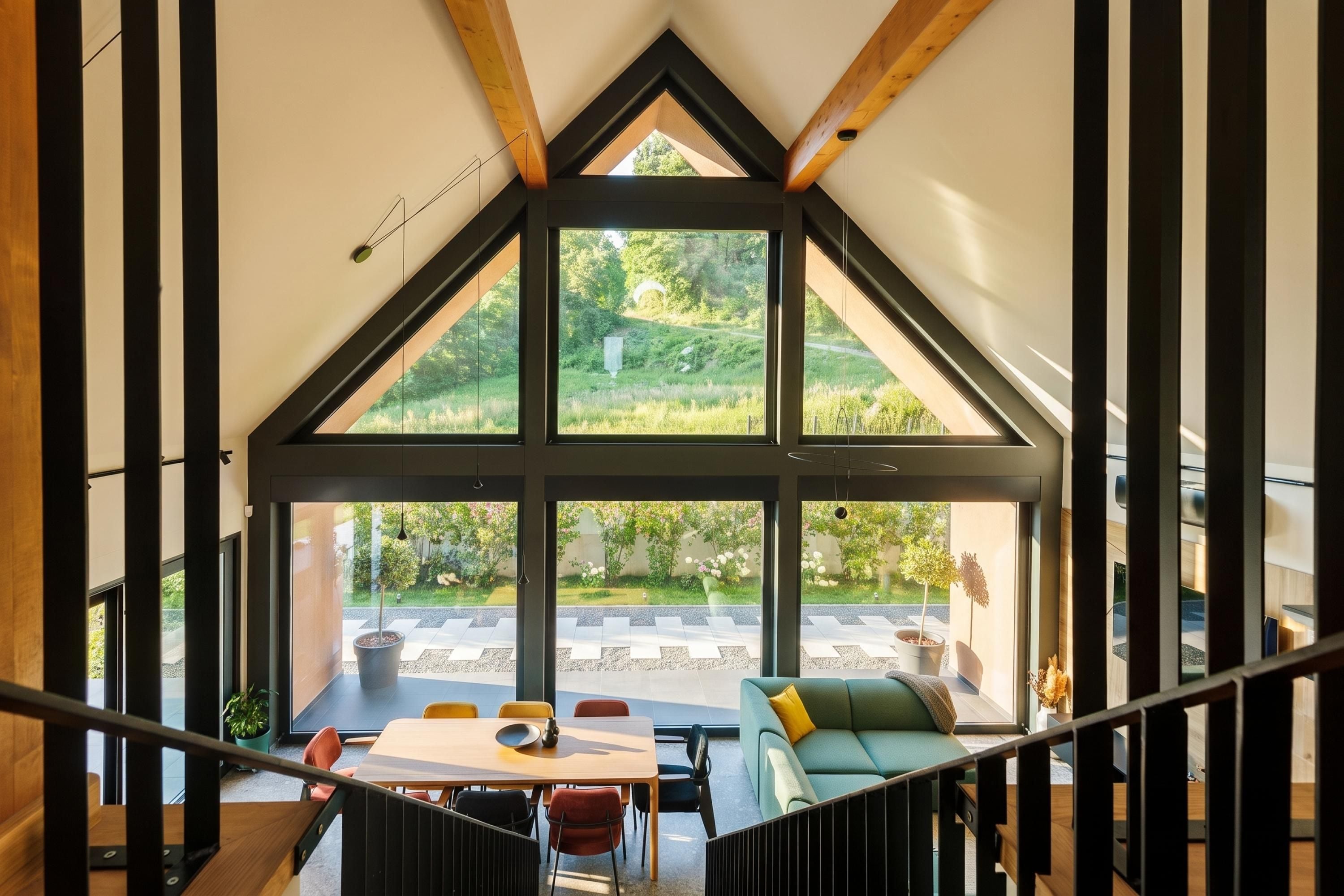 Una habitación amplia con techo alto, ventanas grandes y vista a un jardín.