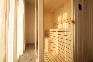 A sauna room with wooden benches and a door.