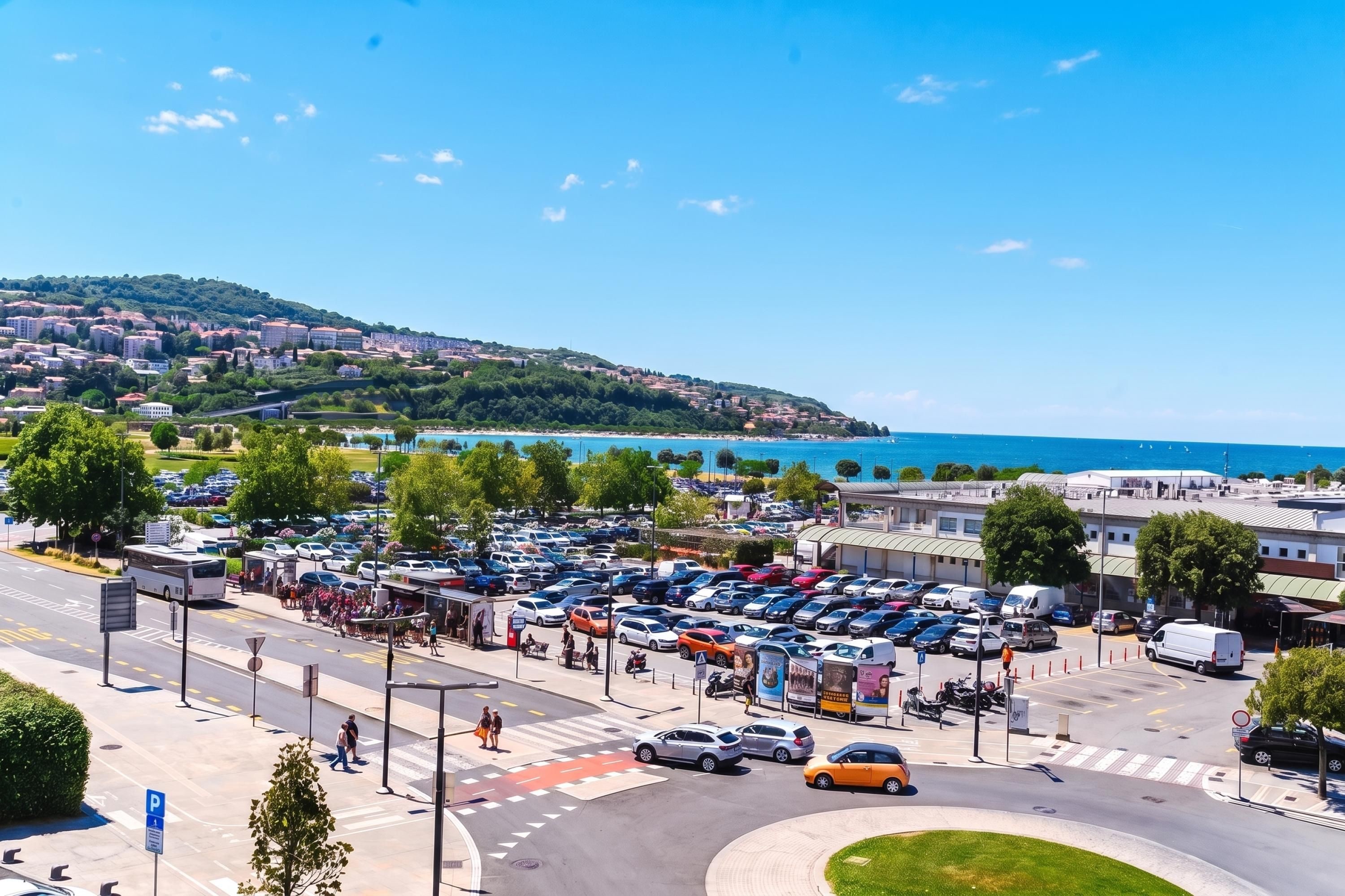 Un parking avec plusieurs voitures et un passage piéton.